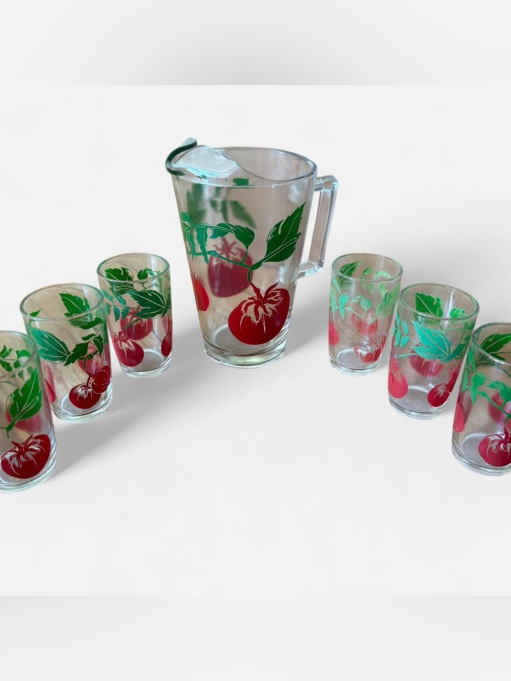 Vintage Glass Pitcher and Tumbler Set with Red and Green Tomato Motif